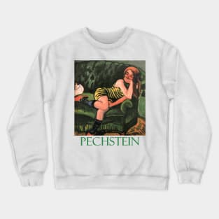 Girl on a Green Sofa with a Cat by Max Pechstein Crewneck Sweatshirt